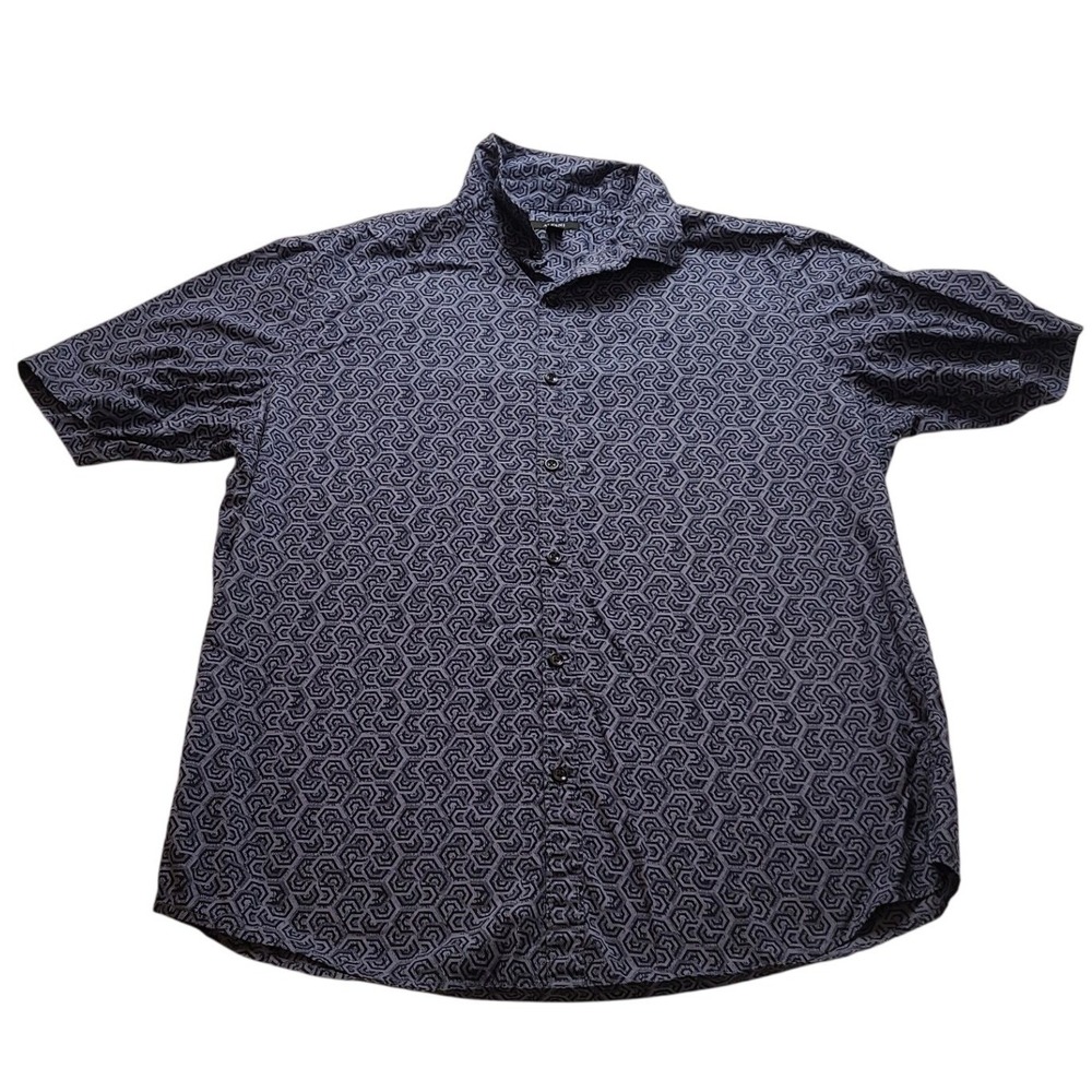 Alfani Men's Large Blue Geometric Hexagon Print Cotton Short Sleeve Button Down